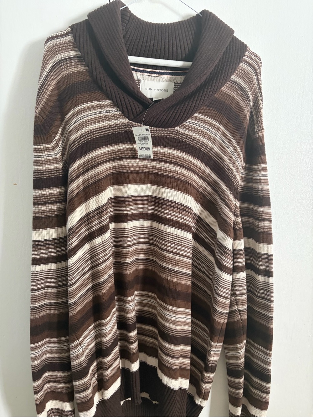 Sun + Stone Brown and Cream Striped Cowl Neck Sweater